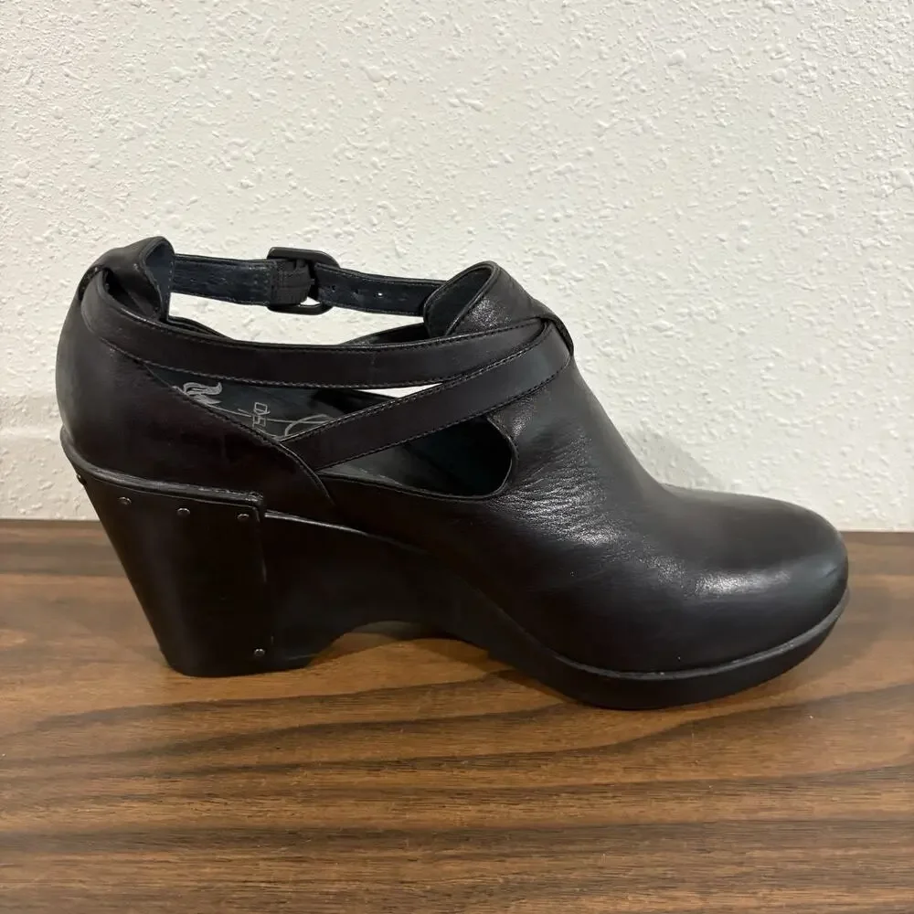 Dansko Franka Womens Sz 41‎ US 10.5 11 Strappy Wedge Clog Black Leather Bootie